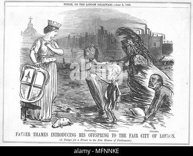 Père Thames présentant son rejeton à la bonne ville de Londres', la progéniture étant la diphtérie, le choléra et la scrofule. Plus d'un égout à ciel ouvert qu'une rivière, l'état dégoûtant de la Tamise à Londres. Caricature de 'Punch', Londres, 1858. Banque D'Images