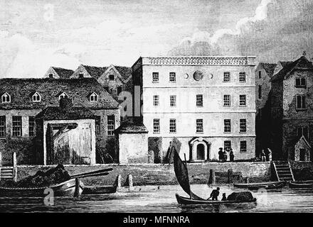 La Cour d'acier à Thames Street, siège de la Hanse marchands ou d'Esterlings à Londres, en Angleterre, comme il est apparu en 1667. Ligue hanséatique d'environ 100 villes d'Allemagne du nord et des intérêts commerciaux importants dans le nord de l'Europe du 13ème siècle. Moins puissante de 15e siècle et dernier régime (Assemblée générale) s'est réuni en 1669. Gravure Banque D'Images