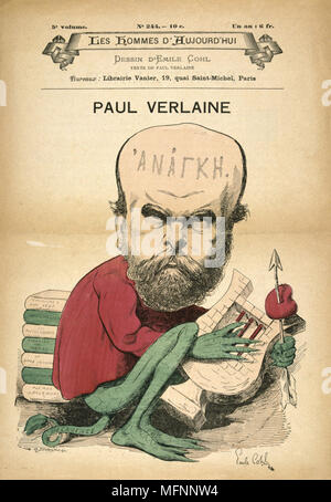 Paul Verlaine (1844-1896) poète français, que la décadence. Caricature par Émile Cohl (1857-1938), 1880. Banque D'Images