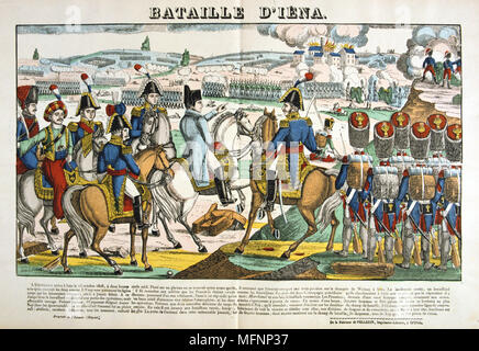 Napoléon à la bataille d'Iéna, 14 octobre 1806. Victoire française décisive sous Napoléon contre la Prusse et la Saxe en vertu de duc de Brunswick, Prince de Hohenlohe et le général Blucher. Le Français populaire à la main, gravure sur bois. Banque D'Images