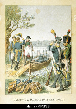 La campagne de Napoléon de 1809. Napoléon et le général Massena sur l'île de Lobau, mai 1809, peu avant la victoire française décisive à la bataille d'Aspern-Essling. Fin du xixe siècle. gravure imprimée en couleur Banque D'Images