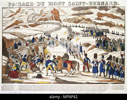 Napoléon traversant les Alpes au St Bernard Pass avec la réserve de l'armée française , Printemps 1800. L'aquatinte Banque D'Images