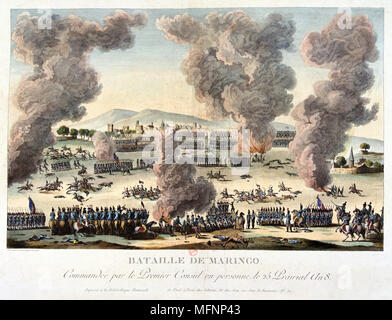 La bataille de Marengo, le 14 juin 1800. Les forces françaises sous Napoléon défait les autrichiens. Lithographie en couleur. Banque D'Images