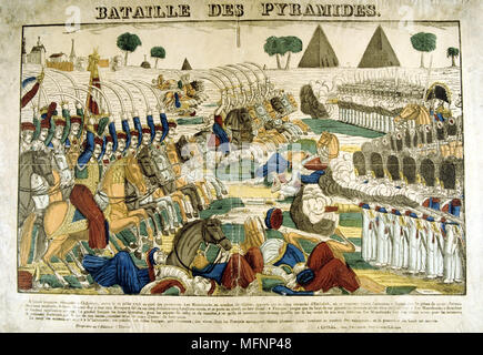 Bataille des Pyramides aussi appelée Bataille d'Embabeh, 21 juillet 1798. L'armée française en Egypte sous Napoléon victorieuse contre les Mamelouks. Le Français populaire à la main, gravure sur bois. Banque D'Images