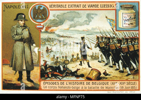 Les forces néerlandaises et belges en action lors de la bataille de Waterloo, le 8 juin 1815. Liebig trade card c1900. Chromolithographie. Banque D'Images