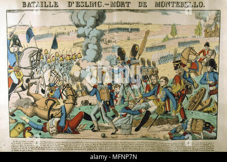 D'Aspern-Essling Batle 21-22 mai 1809. Le Français sous Napoléon vaincu par les Autrichiens sous l'Archiduc Charles. Jean Lannes, Duc de Montebello, mortellement blessé. Il est décédé le 30 mai. Le Français populaire à la main, gravure sur bois. Banque D'Images