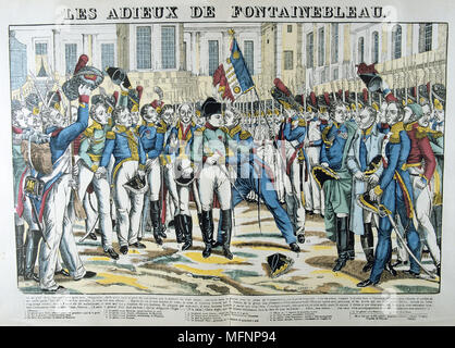 Napoléon I prendre congé à Fontainbleau de la vieille garde avant d'aller en exil à Sainte-Hélène, 20 avril 1814. Populaires français du xixe siècle à la main, gravure sur bois. Banque D'Images