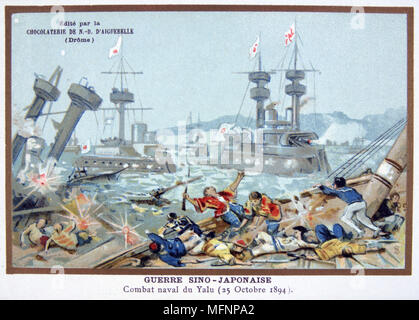 Première guerre sino-japonaise, 1894 : Bataille à l'embouchure du Yalou, la Rover 17 septembre 1894, entre les Japonais et Chinois marines. La flotte chinoise a été accablé par des Japonais. Chromolithographie c1900. Banque D'Images