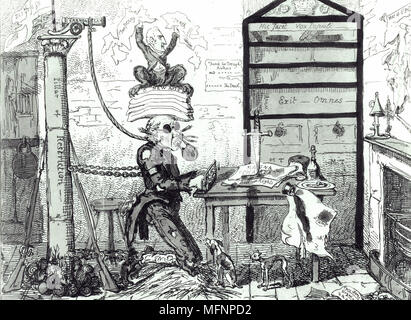 John Bull pauvres - la libre né Anglais - privé de ses sept sens par les six nouvelles lois ? Castlereagh, le premier ministre est situé au-dessus de la six actes agissant sur John Bull's head. Les six actes de 1819 étaient les suivants : loi sur la prévention et la formation : Saisie d'armes Loi : Loi sur les délits contraventionnels : réunions séditieuses : Loi sur la prévention de la Loi sur la diffamation criminelle : la Loi sur les droits de timbre et de journaux. Banque D'Images