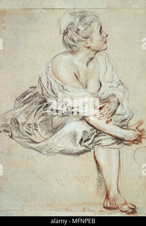 Femme assise à droite. Le dessin en noir et rouge de la craie. Jean-Antoine WATTEAU (1684-1721) peintre français Banque D'Images
