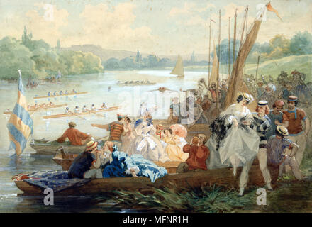 Regatta à Asnieres sous le Second Empire. Aquarelle et gouache sur papier. Anthony Paul Emile Moron (actif 1868-1905) peintre français. France Paysage Rivière eau Aviron Flirting Hommes Femmes Banque D'Images