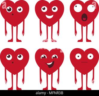 Coeur visage vector set en couleur rouge avec drôle d'expressions du visage et des émotions isolé en fond blanc. Vector illustration. Illustration de Vecteur