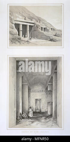 Coupe Rock Tombs à Beni Hasan, l'Égypte. Top : la tombe d'entrée. Bas : Intérieur d'un tombeau. Site funéraire de l'Égypte ancienne utilisé principalement au cours de l'Empire du Milieu, 21e-17e siècles avant Jésus-Christ. Décès Sépulture Lithographie Banque D'Images