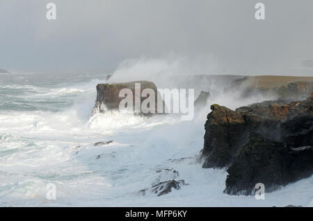 Soumission des vagues à Eshaness cliffs dans l'Île Shetland pendant une grosse tempête Atlantique
