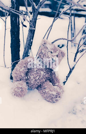 Un ours en peluche oublié dans la neige