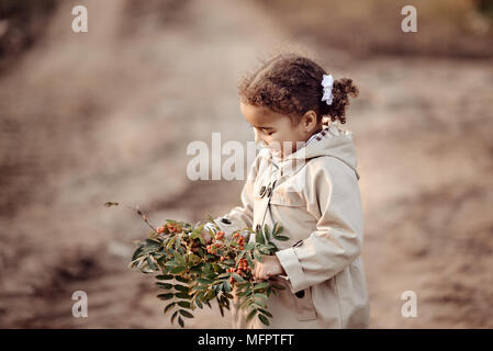 Heureux petit enfant bébé fille, rire et jouer à l'automne sur la nature dans la nature Banque D'Images