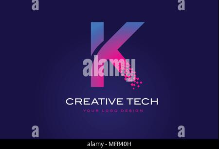 K Lettre initiale Logo Design avec pixels numériques dans des tons bleus et violets. Illustration de Vecteur