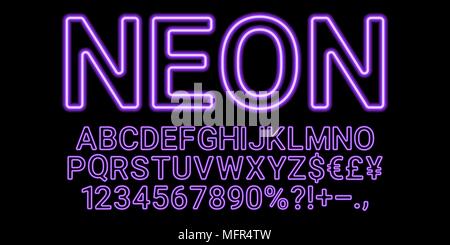 Neon font en couleur violette. Vector collection of latin des lettres de néon, néon alphabet composé de lignes sur le fond sombre Illustration de Vecteur