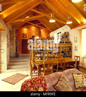 Séparateur de pièce bordée livre duplex plan ouvert salon salle à manger cuisine pays grange convertie Intérieurs Chambres espace de vie contemporain moderne ba Banque D'Images