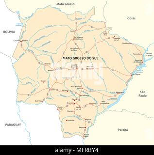 Carte vectorielle de la route de l'état brésilien du Mato Grosso do Sul Illustration de Vecteur