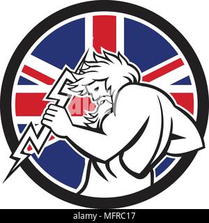 Style rétro icône illustration de dieu grec Zeus, dieu du ciel et le tonnerre holding avec Thunderbolt Royaume-uni UK, Grande-Bretagne Union Jack flag set Illustration de Vecteur