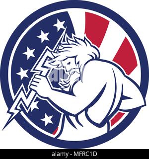Style rétro icône illustration de dieu grec Zeus, dieu du ciel et le tonnerre holding thunderbolt avec United States of America USA Star Spangled Banner sta Illustration de Vecteur
