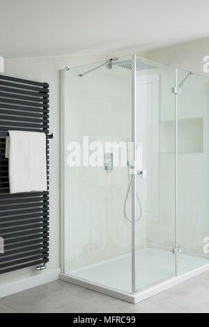 Douche en verre blanc, dans la salle de bains propres et modernes, l'intérieur Banque D'Images