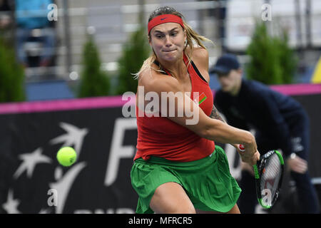 Minsk, Belarus. 21 avril, 2018. Sabalenka Aryna (BLR) lors d'un match contre FedCup Vikoria Kuzmova joué à Chizhovka Arena à Minsk, Bélarus