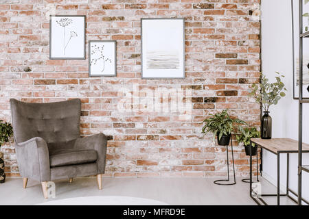 Intérieur salon avec fauteuil gris, les plantes et les affiches sur un mur de brique rouge Banque D'Images