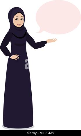 Fille arabe musulmane en hijab voile points à quelque chose ou de présenter avec sa main. Illustration de Vecteur