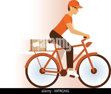 Service de livraison Express Courier Icône Boy Riding Bike rouge avec des cases Télévision Vector Illustration. Illustration de Vecteur