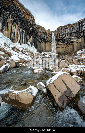 Cascade de Svartifoss, Black River Falls, Stórilaekur, colonnes de basalte, le parc national de Skaftafell, Région du Sud, Islande Banque D'Images