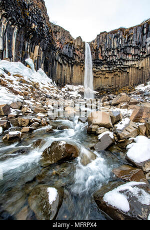 Cascade de Svartifoss, Black River Falls, Stórilaekur, colonnes de basalte, le parc national de Skaftafell, Région du Sud, Islande Banque D'Images