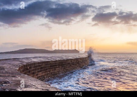 Le lever du soleil sur la Cobb à Lyme Regis dans le Dorset. Banque D'Images