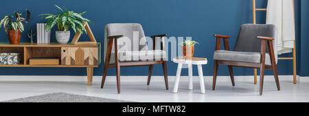 Salon bleu intérieur avec des plantes fraîches sur armoire en bois, deux fauteuils et petite table gris Banque D'Images
