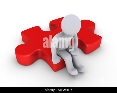 3d personne assis sur des pièces du casse-tête rouge Banque D'Images