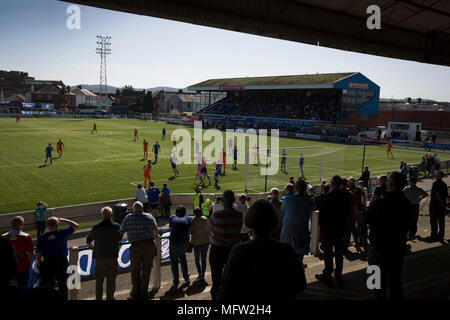 Accueil fans dans le hangar regarder la première demi-action à Palmerston Park, Dumfries comme reine du Midi (en bleu) a accueilli un Dundee United en championnat écossais. La maison a joué dans le même sol depuis sa création en 1919. Queens a remporté le match 3-0 vu par une foule de 1 531 spectateurs. Banque D'Images