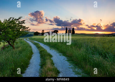 Chemin de campagne menant à Cappella di Vitaleta et la campagne toscane au coucher du soleil près de San Quirico d'Orcia, Toscane, Italie Banque D'Images