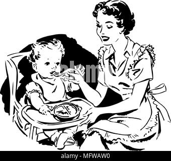 Mère nourrir bébé - Retro Clipart Illustration Illustration de Vecteur