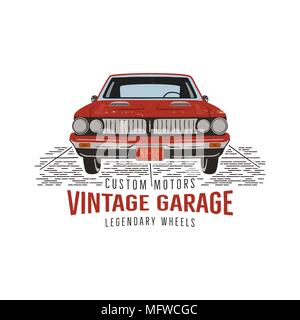 Vintage hand drawn muscle car. Symbole de l'automobile américains rouge rétro design. USA Classic emblème automobile isolé sur fond blanc. Vecteur Stock Illustration de Vecteur