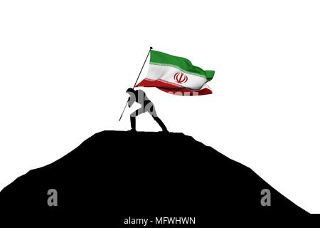 Drapeau de l'Iran d'être poussées vers le haut de la montagne par une silhouette masculine. Le Rendu 3D Banque D'Images