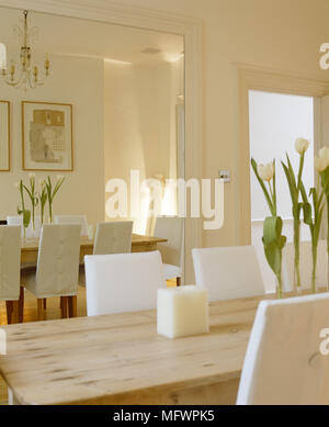 Tulipes unique en vases de verre sur table à manger en bois reflète dans miroir mural Banque D'Images