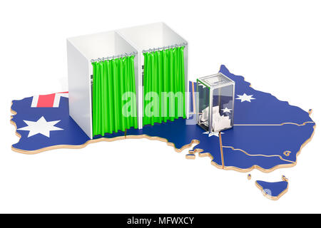 Élection australienne concept, urne des isoloirs sur carte de l'Australie, 3D Rendering isolé sur fond blanc Banque D'Images