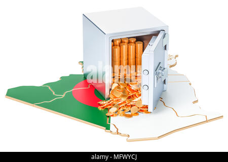 Coffre fort avec des pièces d'or sur la carte de l'Algérie, 3D Rendering Banque D'Images