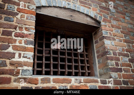 Les mains de captifs sur des barres de fer dans la région de Colonial Williamsburg prison restauré Banque D'Images