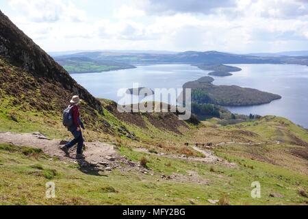 Conic Hill, Loch Lomond, Ecosse, Royaume-Uni - 27 Avril 2018 : une marchette bénéficiant d'une belle journée de printemps à Conic Hill avec sa vue imprenable sur le Loch Lomond Crédit : Kay Roxby/Alamy Live News Banque D'Images