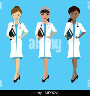 Ensemble de trois femmes médecins dans différentes courses sur fond bleu,vector illustration Illustration de Vecteur