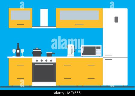 Cuisine intérieur avec meubles, ustensiles et appareils. Avec réfrigérateur, four, micro-ondes, bouilloire, . Style plat vector illustration Illustration de Vecteur