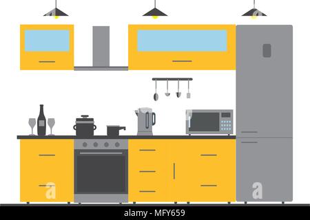 Cuisine intérieur avec meubles, ustensiles et appareils. Avec réfrigérateur, four, micro-ondes, bouilloire, . Vector illustration style plat. Illustration de Vecteur