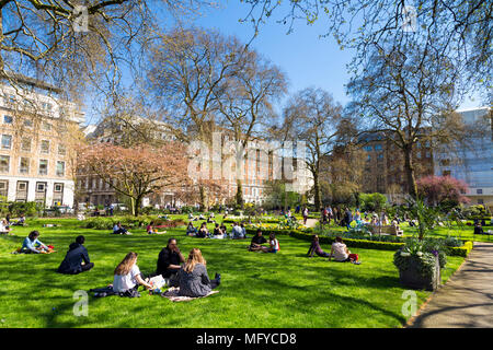 Des gens assis sur l'herbe et manger le déjeuner dans un petit parc de la ville, St James's Square, London, UK Banque D'Images